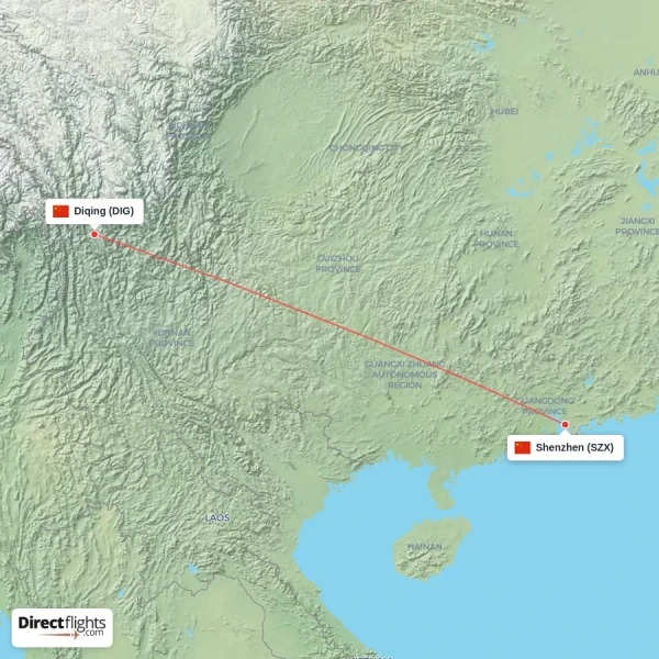 Shenzhen - Diqing direct flight map