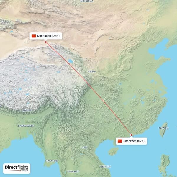 Shenzhen - Dunhuang direct flight map