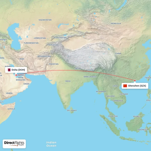 Shenzhen - Doha direct flight map