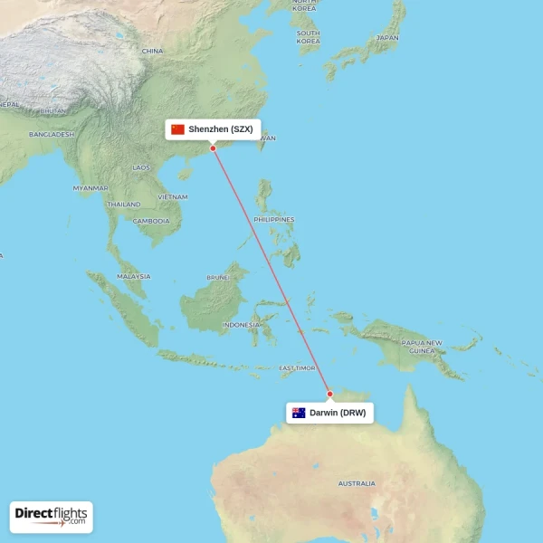 Shenzhen - Darwin direct flight map