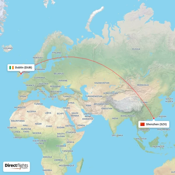 Shenzhen - Dublin direct flight map