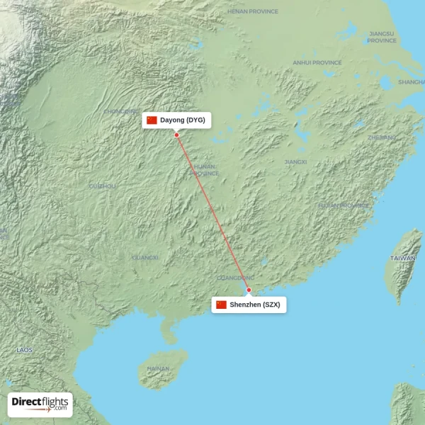 Shenzhen - Dayong direct flight map