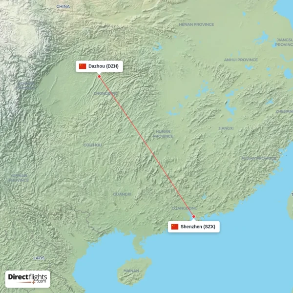 Shenzhen - Dazhou direct flight map
