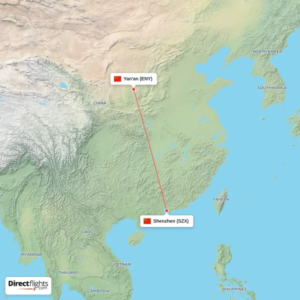 Shenzhen - Yan'an direct flight map