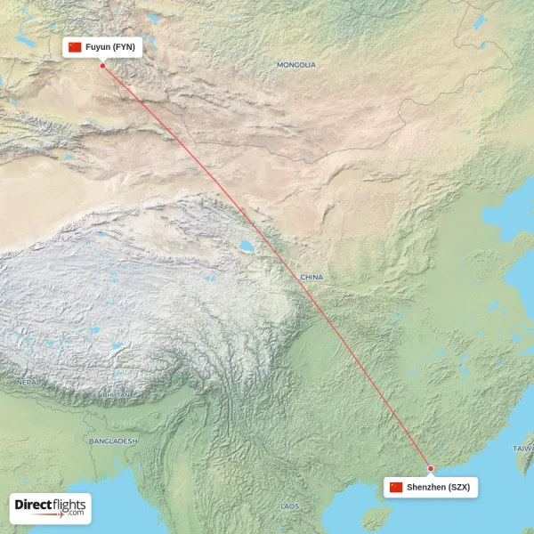 Shenzhen - Fuyun direct flight map