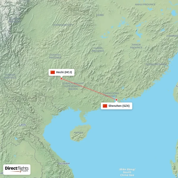 Shenzhen - Hechi direct flight map