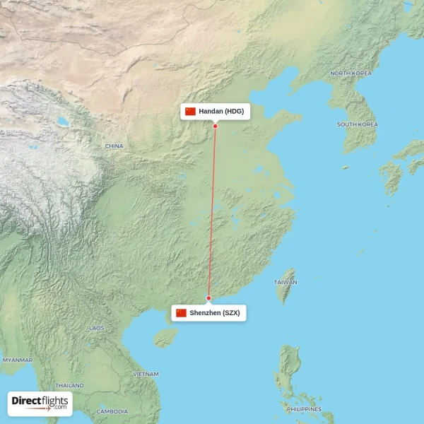 Shenzhen - Handan direct flight map