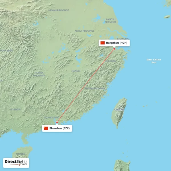 Shenzhen - Hangzhou direct flight map