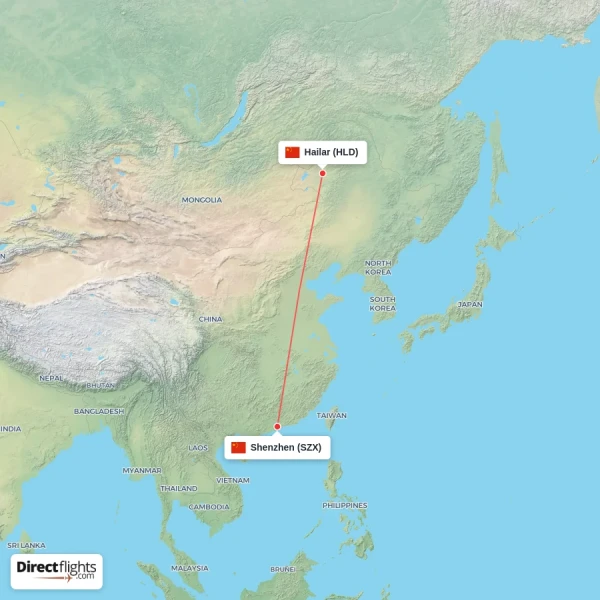 Shenzhen - Hailar direct flight map