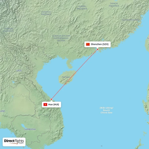 Shenzhen - Hue direct flight map