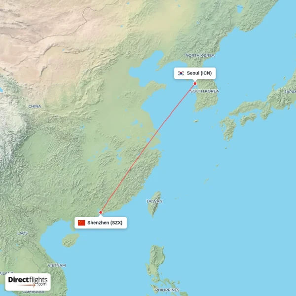 Shenzhen - Seoul direct flight map