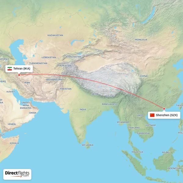 Shenzhen - Tehran direct flight map