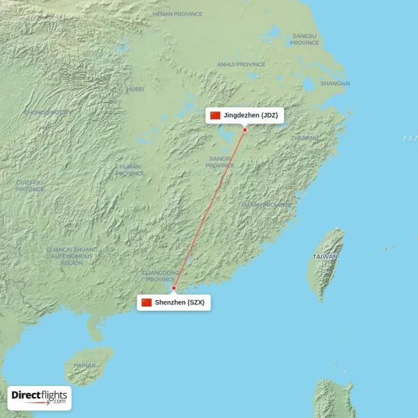 Shenzhen - Jingdezhen direct flight map