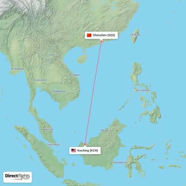 Shenzhen - Kuching direct flight map