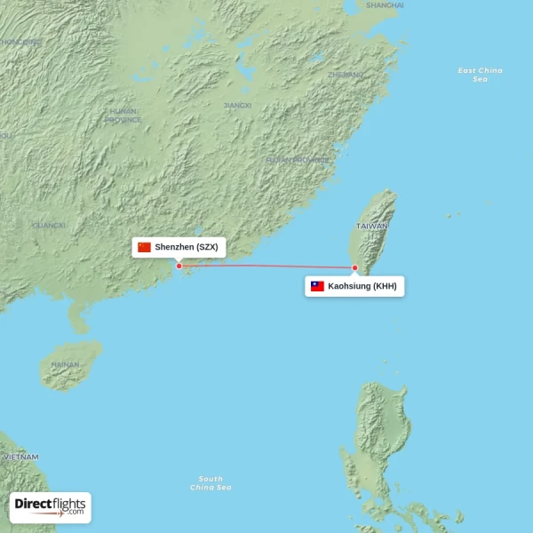 Shenzhen - Kaohsiung direct flight map