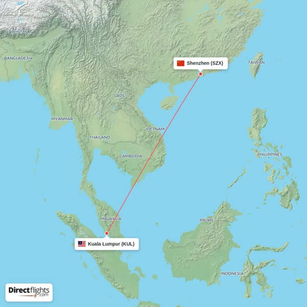Shenzhen - Kuala Lumpur direct flight map