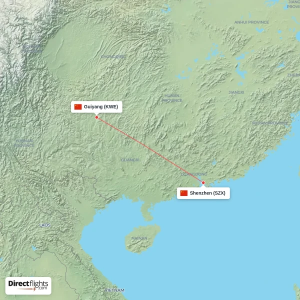 Shenzhen - Guiyang direct flight map