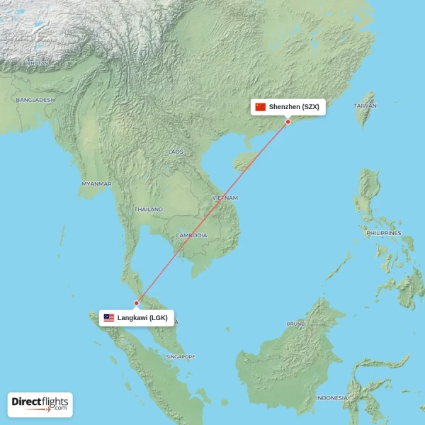 Shenzhen - Langkawi direct flight map