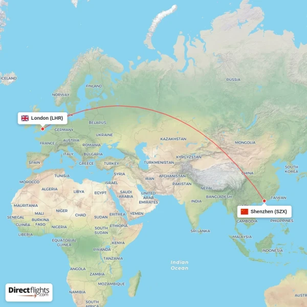 Shenzhen - London direct flight map