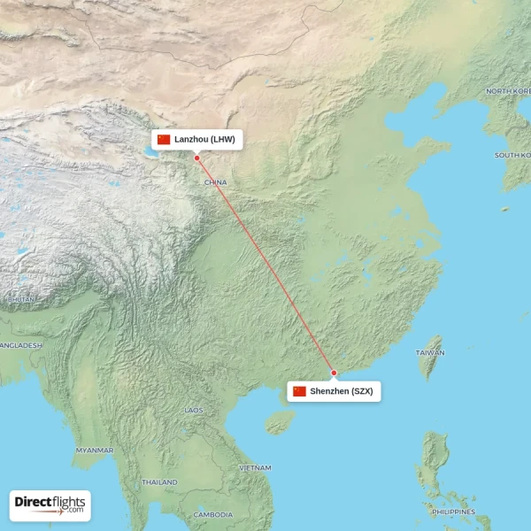Shenzhen - Lanzhou direct flight map