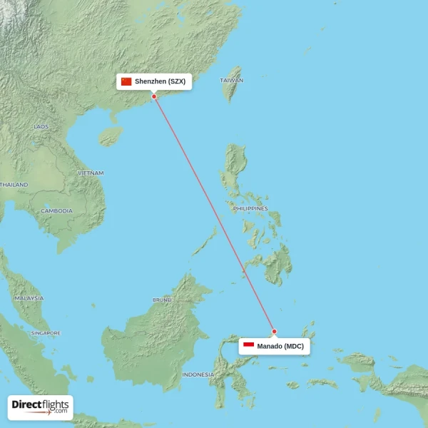 Shenzhen - Manado direct flight map