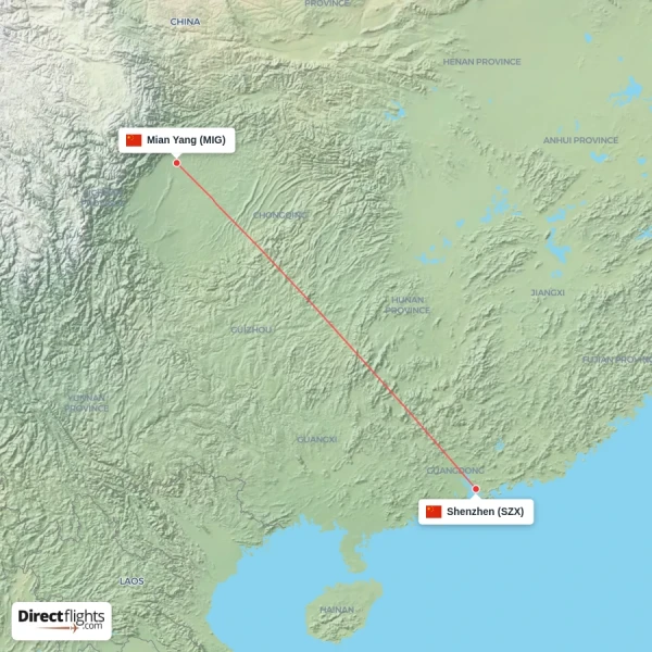 Shenzhen - Mian Yang direct flight map
