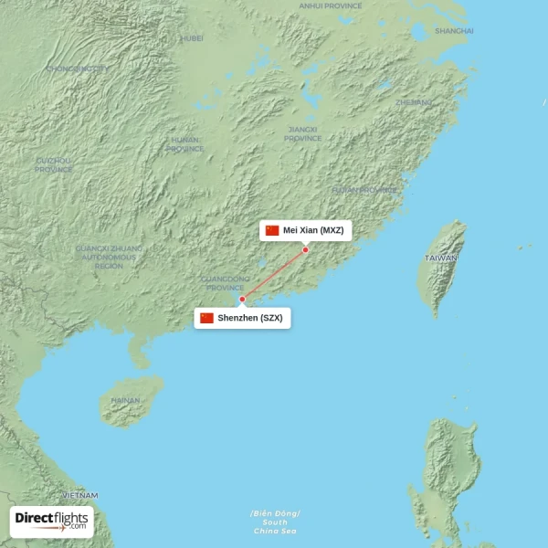 Shenzhen - Mei Xian direct flight map