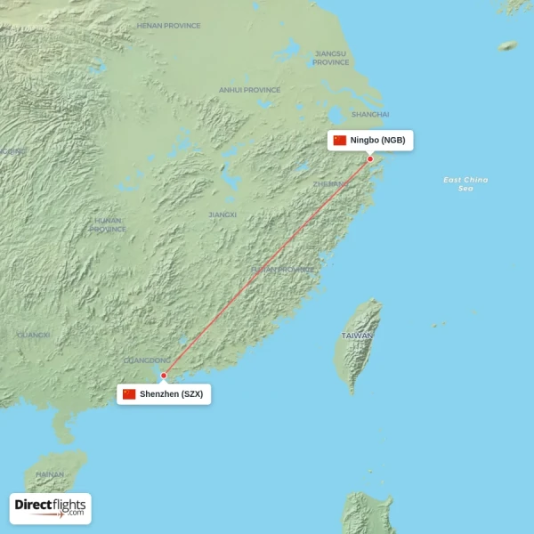 Shenzhen - Ningbo direct flight map
