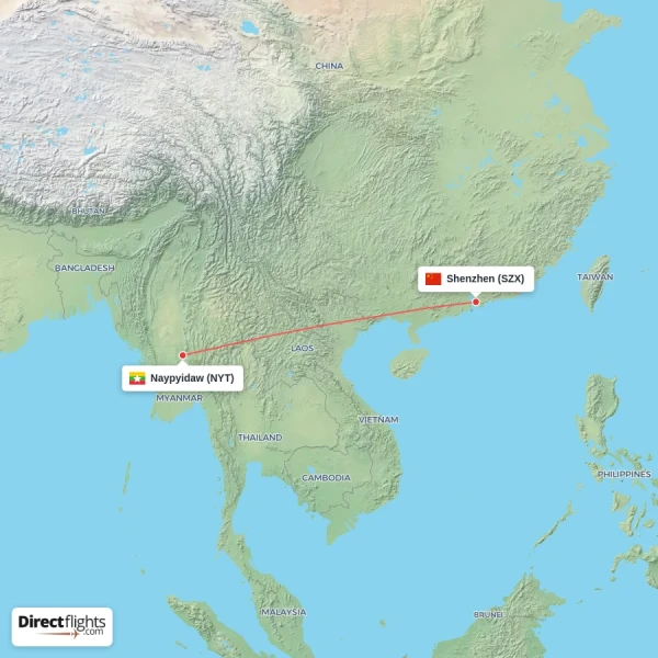 Shenzhen - Naypyidaw direct flight map