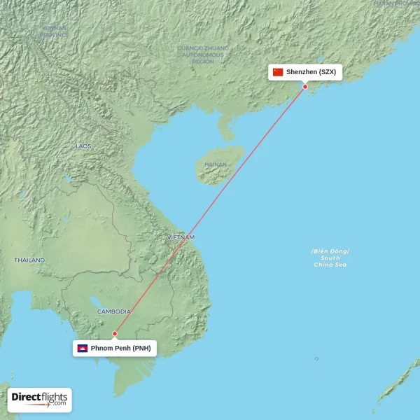 Shenzhen - Phnom Penh direct flight map