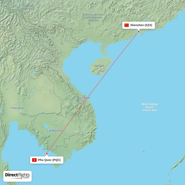 Shenzhen - Phu Quoc direct flight map