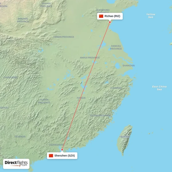 Shenzhen - Rizhao direct flight map