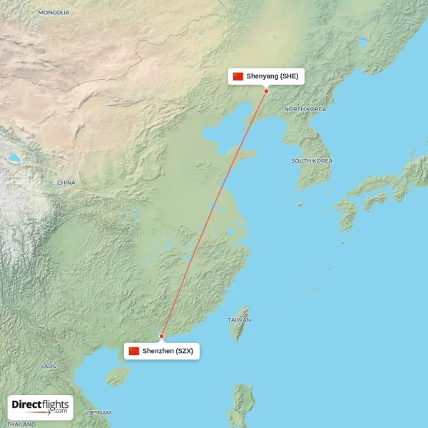 Shenzhen - Shenyang direct flight map