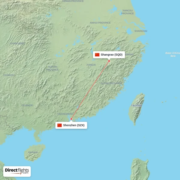 Shenzhen - Shangrao direct flight map