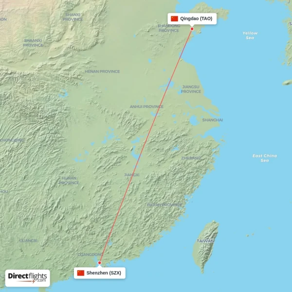 Shenzhen - Qingdao direct flight map