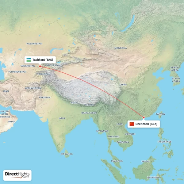 Shenzhen - Tashkent direct flight map