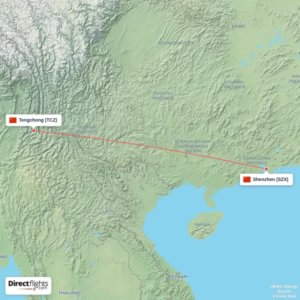 Shenzhen - Tengchong direct flight map