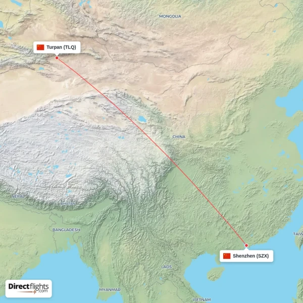 Shenzhen - Turpan direct flight map