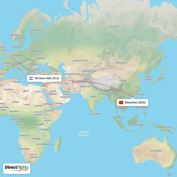 Shenzhen - Tel Aviv-Yafo direct flight map