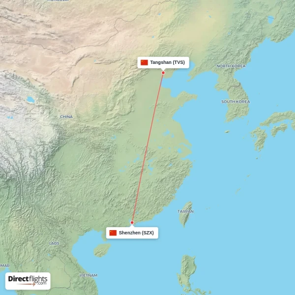 Shenzhen - Tangshan direct flight map