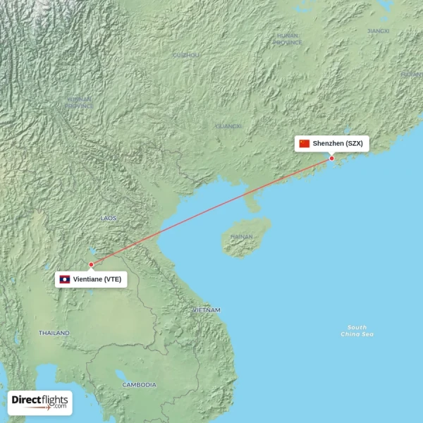 Shenzhen - Vientiane direct flight map
