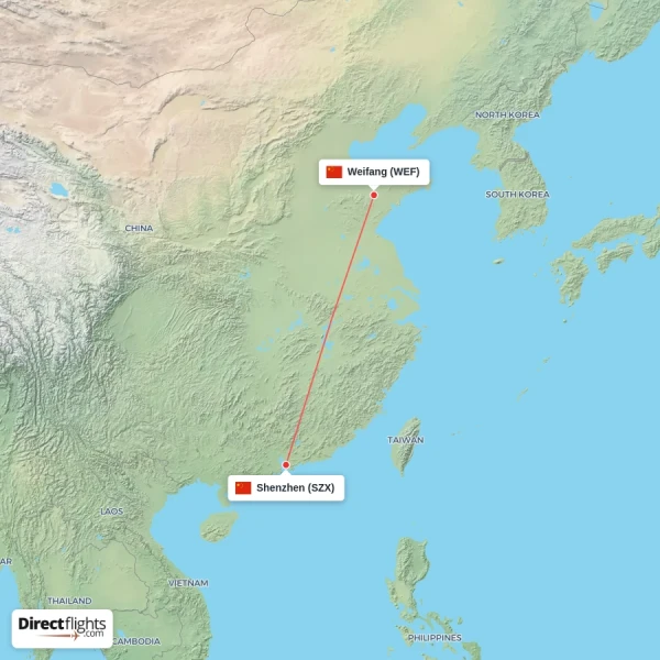 Shenzhen - Weifang direct flight map