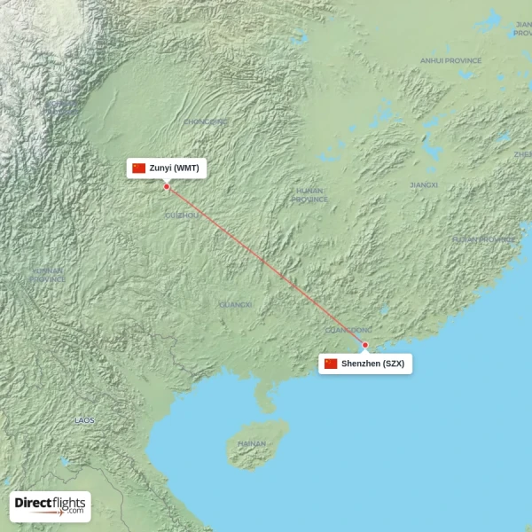 Shenzhen - Zunyi direct flight map
