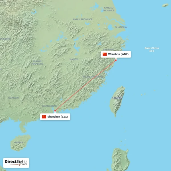 Shenzhen - Wenzhou direct flight map
