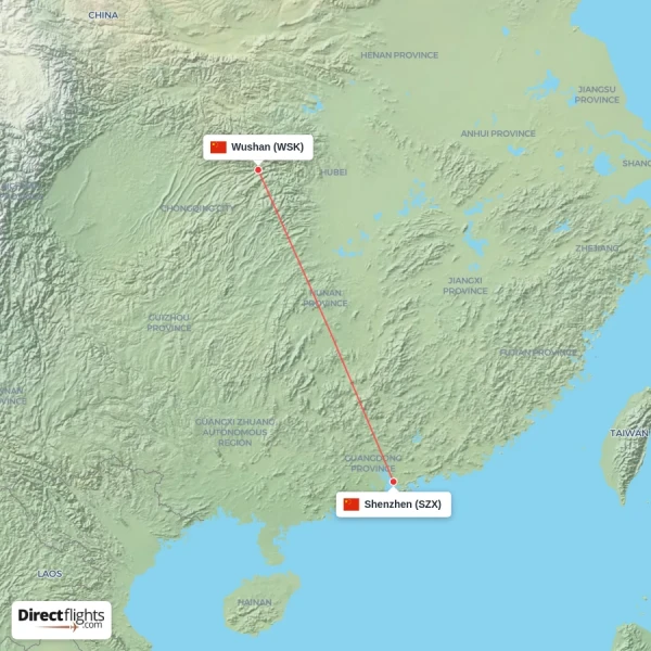 Shenzhen - Wushan direct flight map