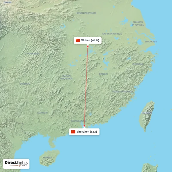 Shenzhen - Wuhan direct flight map