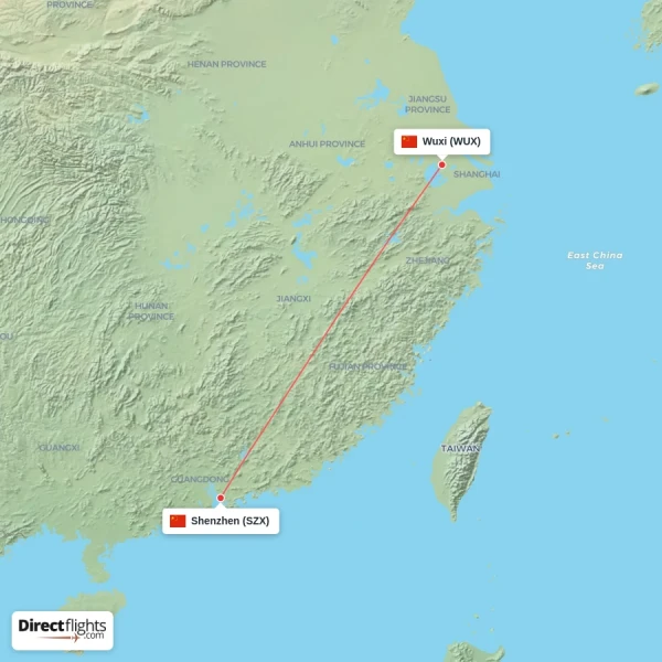 Shenzhen - Wuxi direct flight map