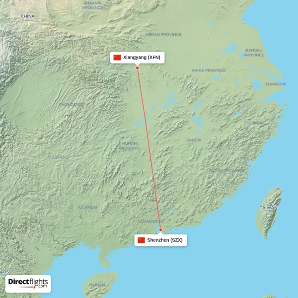 Shenzhen - Xiangyang direct flight map
