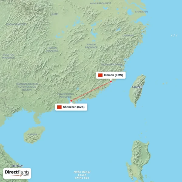 Shenzhen - Xiamen direct flight map
