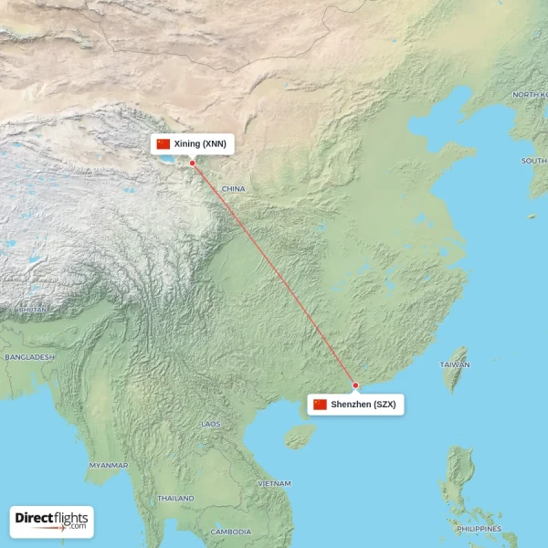 Shenzhen - Xining direct flight map